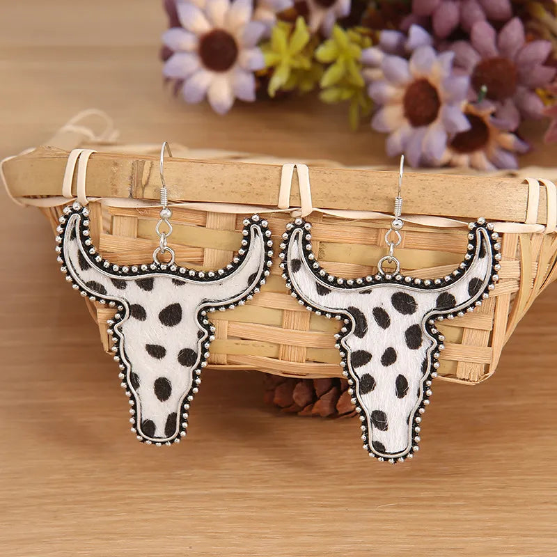 Leopard print longhorn statement earrings for western cowgirl outfits