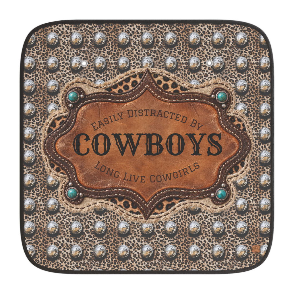 Personalized Western Car Sun Shade, Custom Easily Distracted by Cowboys Leopard Cowgirl Windshield Cover