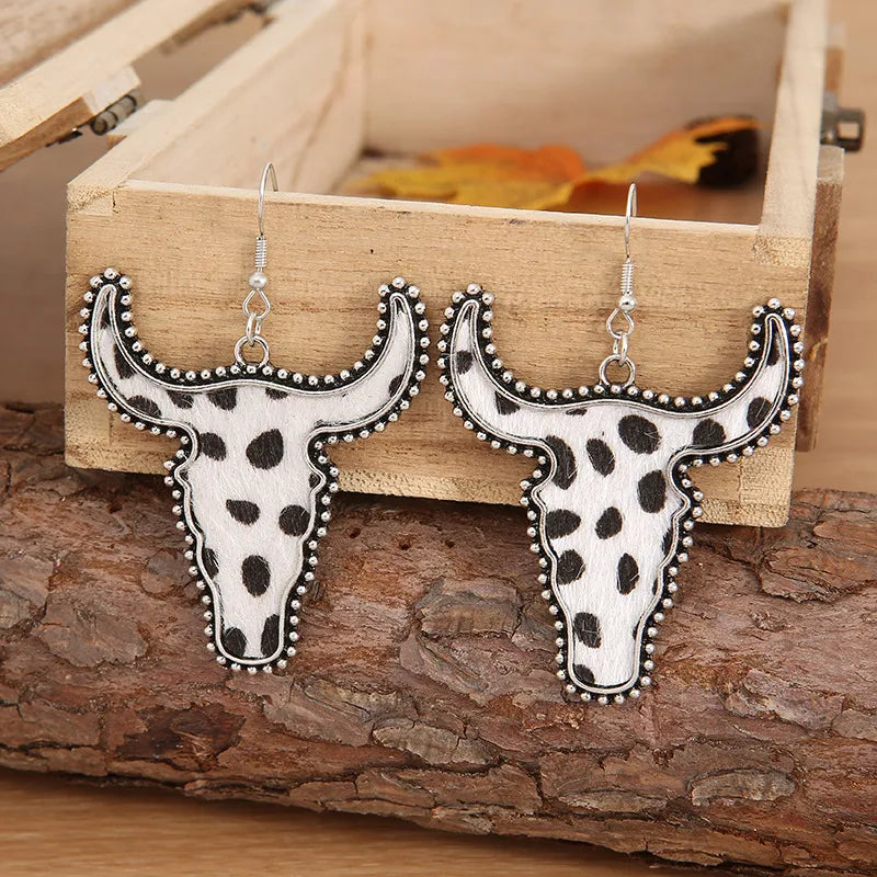 Leopard print longhorn statement earrings for western cowgirl outfits