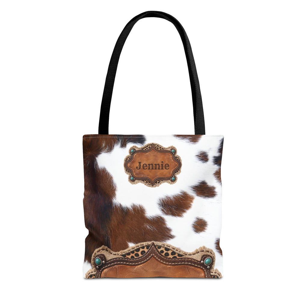 Personalized Cow Print Tote Bag, Custom Name Western Cowgirl Bag, Brown Cowhide Market Tote