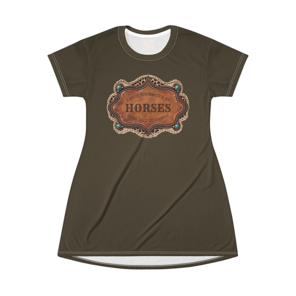 Boho Western Dress for Women, Graphic T Shirt Dress - Brown Horses