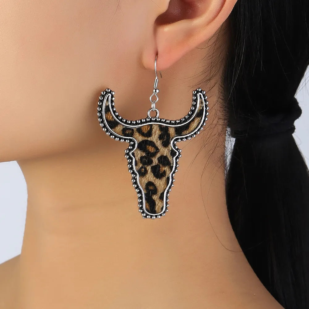 Leopard print longhorn statement earrings for western cowgirl outfits