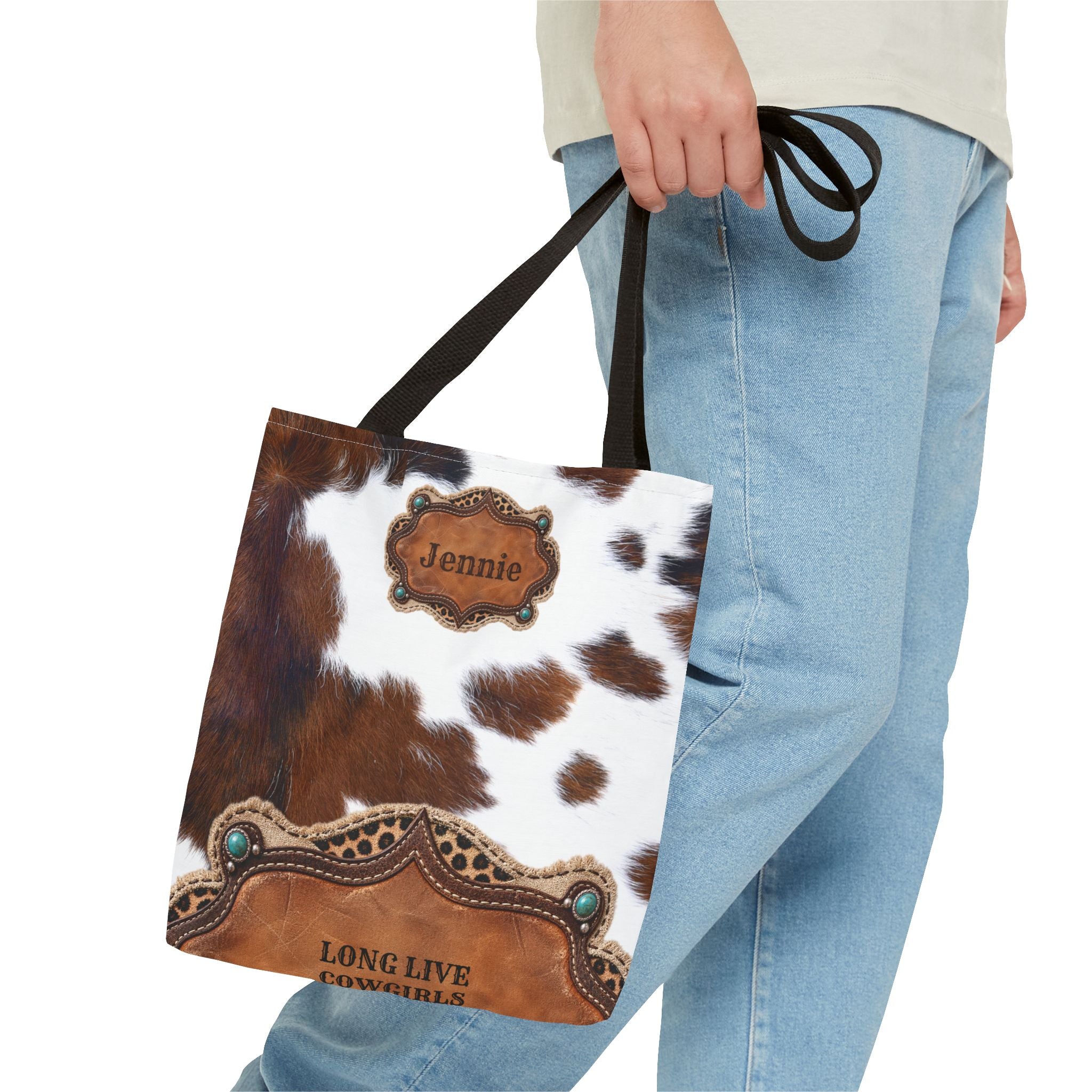 Personalized Cow Print Tote Bag, Custom Name Western Cowgirl Bag, Brown Cowhide Market Tote