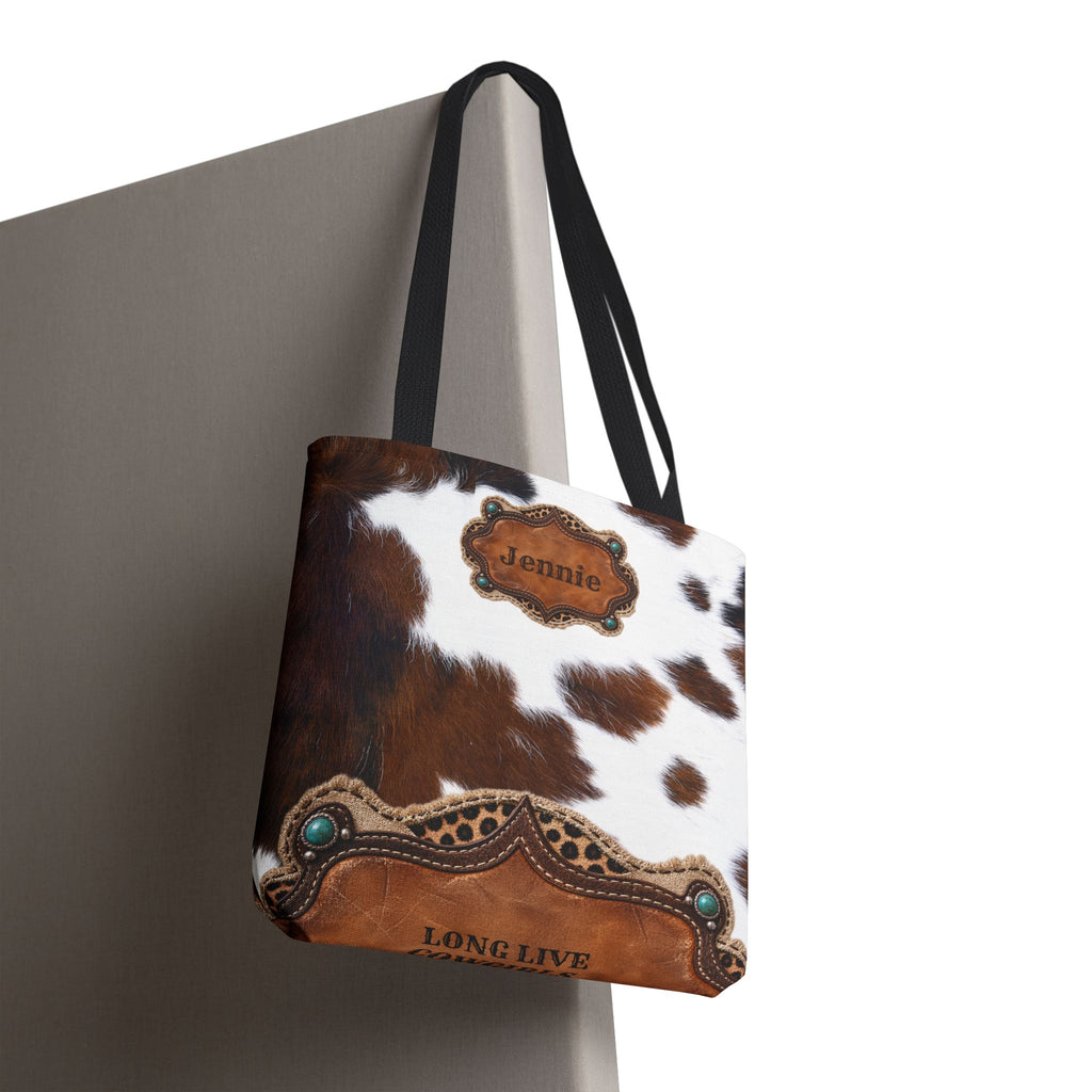 Personalized Cow Print Tote Bag, Custom Name Western Cowgirl Bag, Brown Cowhide Market Tote