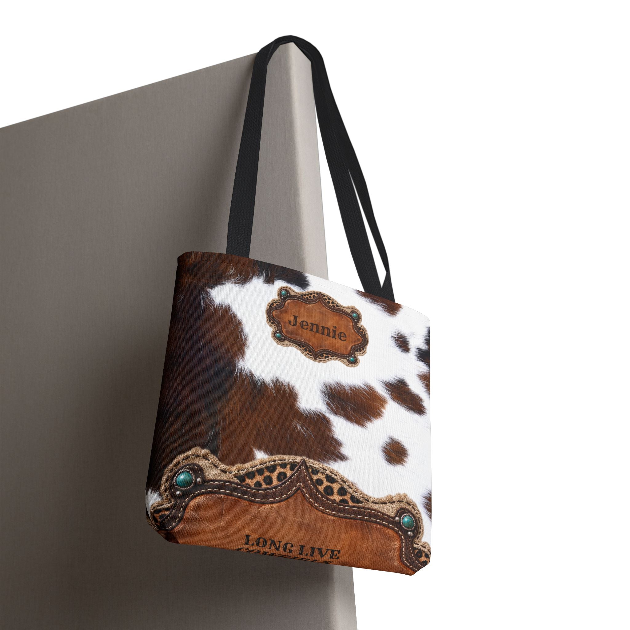Personalized Cow Print Tote Bag, Custom Name Western Cowgirl Bag, Brown Cowhide Market Tote