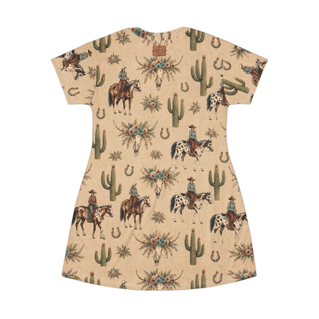 Boho Western Dress for Women, Graphic T Shirt Dress - Cowboy Print Cowboys