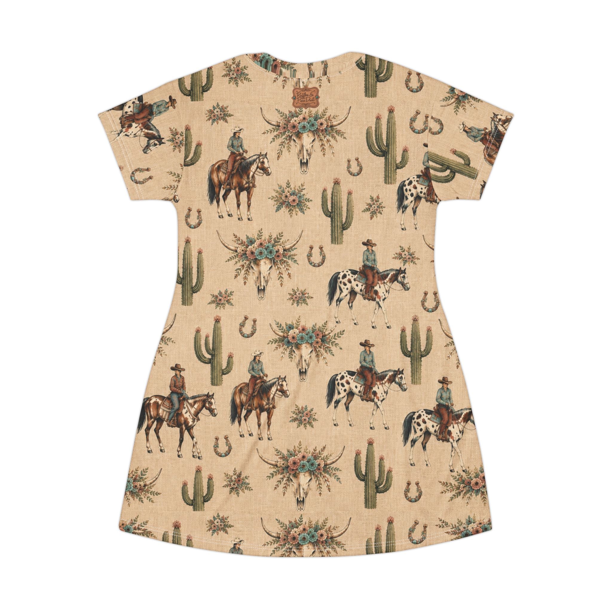 Boho Western Dress for Women, Graphic T Shirt Dress - Cowboy Print Cowboys