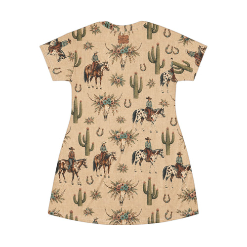 Boho Western Dress for Women, Graphic T Shirt Dress - Cowboy Print Cowboys