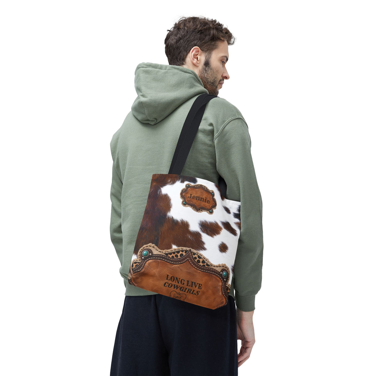 Personalized Cow Print Tote Bag, Custom Name Western Cowgirl Bag, Brown Cowhide Market Tote