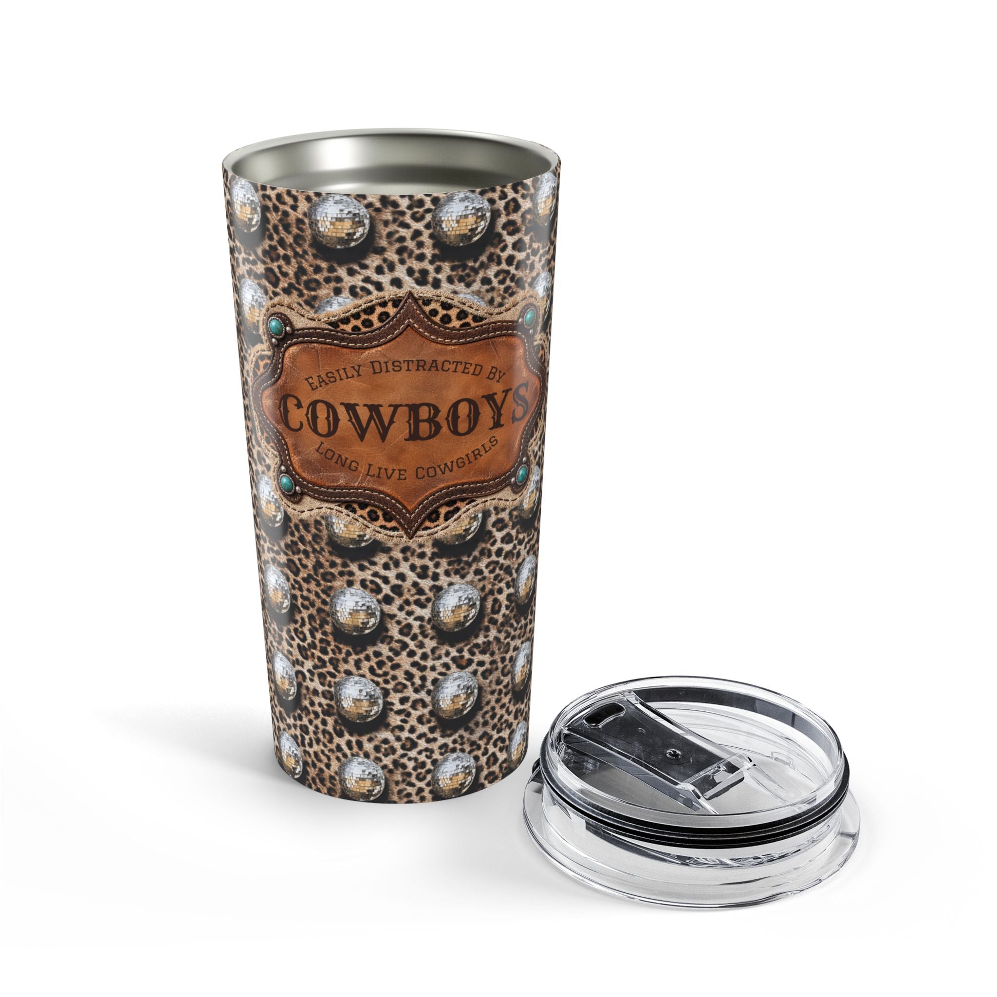 Personalized Western Tumbler, Custom Cowboy Name Cup, Leopard Disco Ball 20 oz Travel Mug