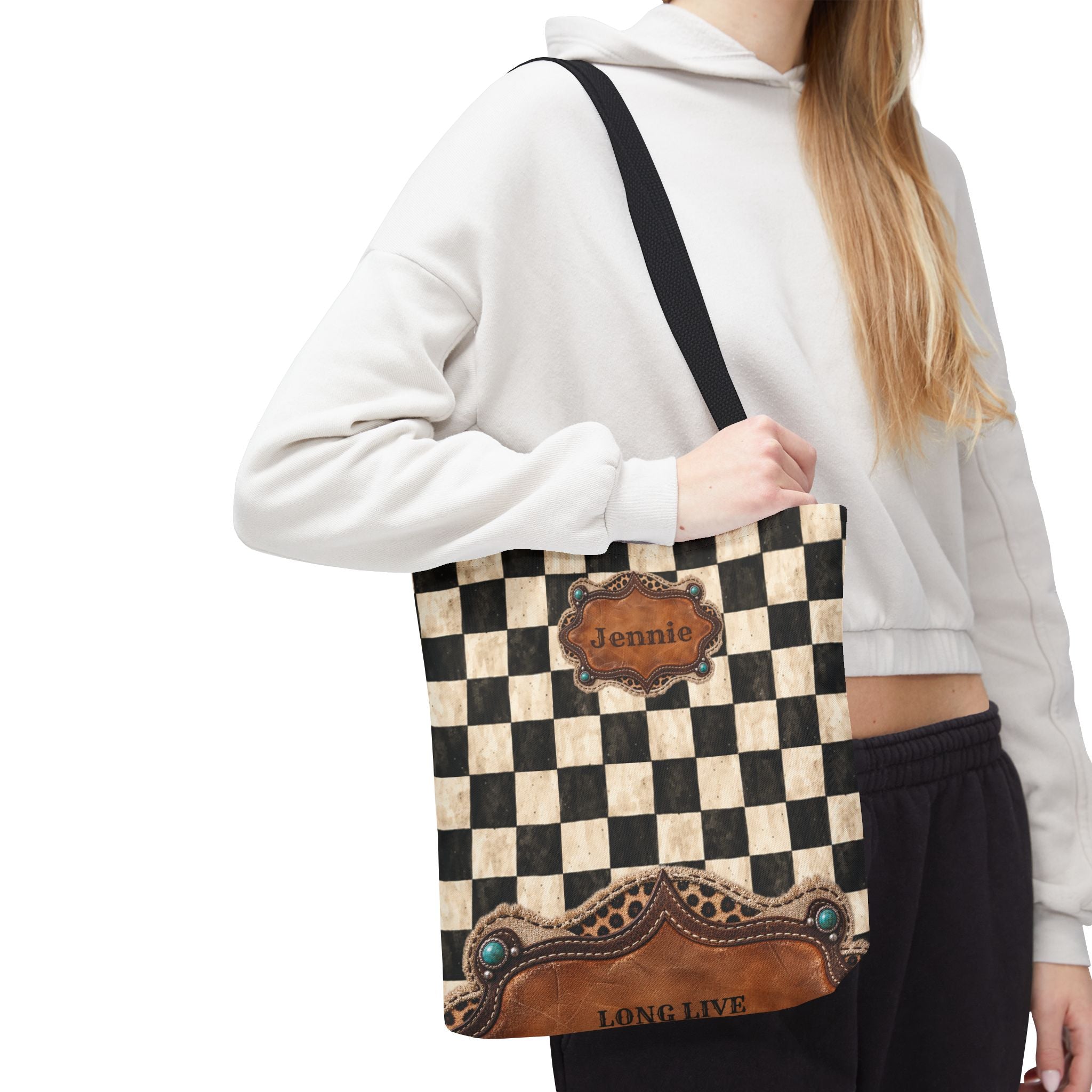 Personalized Tote Bag, Checkered Cowgirl Design, Custom Name