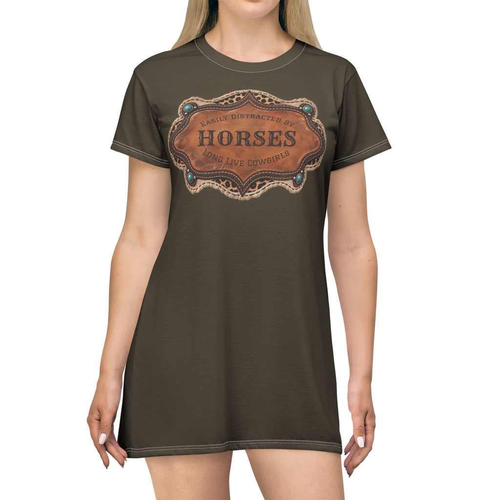 Boho Western Dress for Women, Graphic T Shirt Dress - Brown Horses