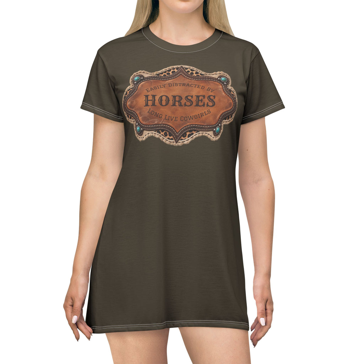 Boho Western Dress for Women, Graphic T Shirt Dress - Brown Horses