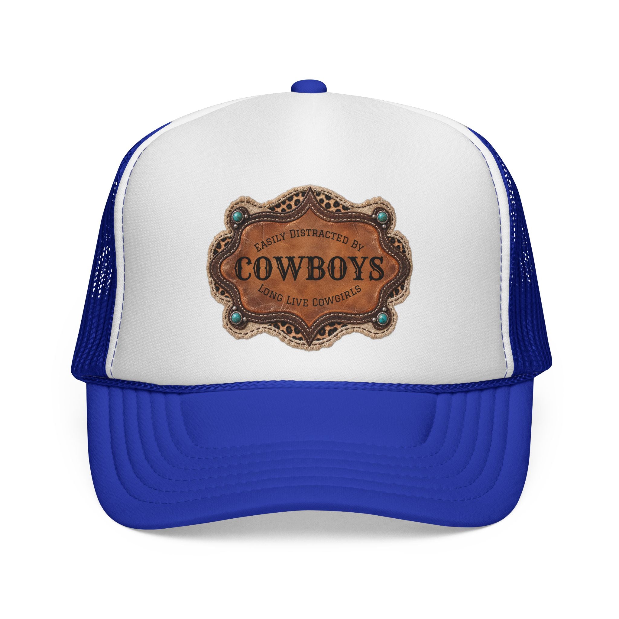Custom Trucker Hat, Personalized Cowgirl Cap, Easily Distracted by Cowboys, Turquoise Western Hat