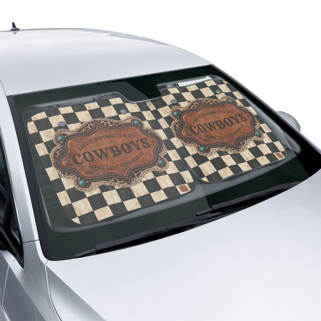 Personalized Car Sun Shade, Checkered Cowgirl Windshield Cover, Custom Name