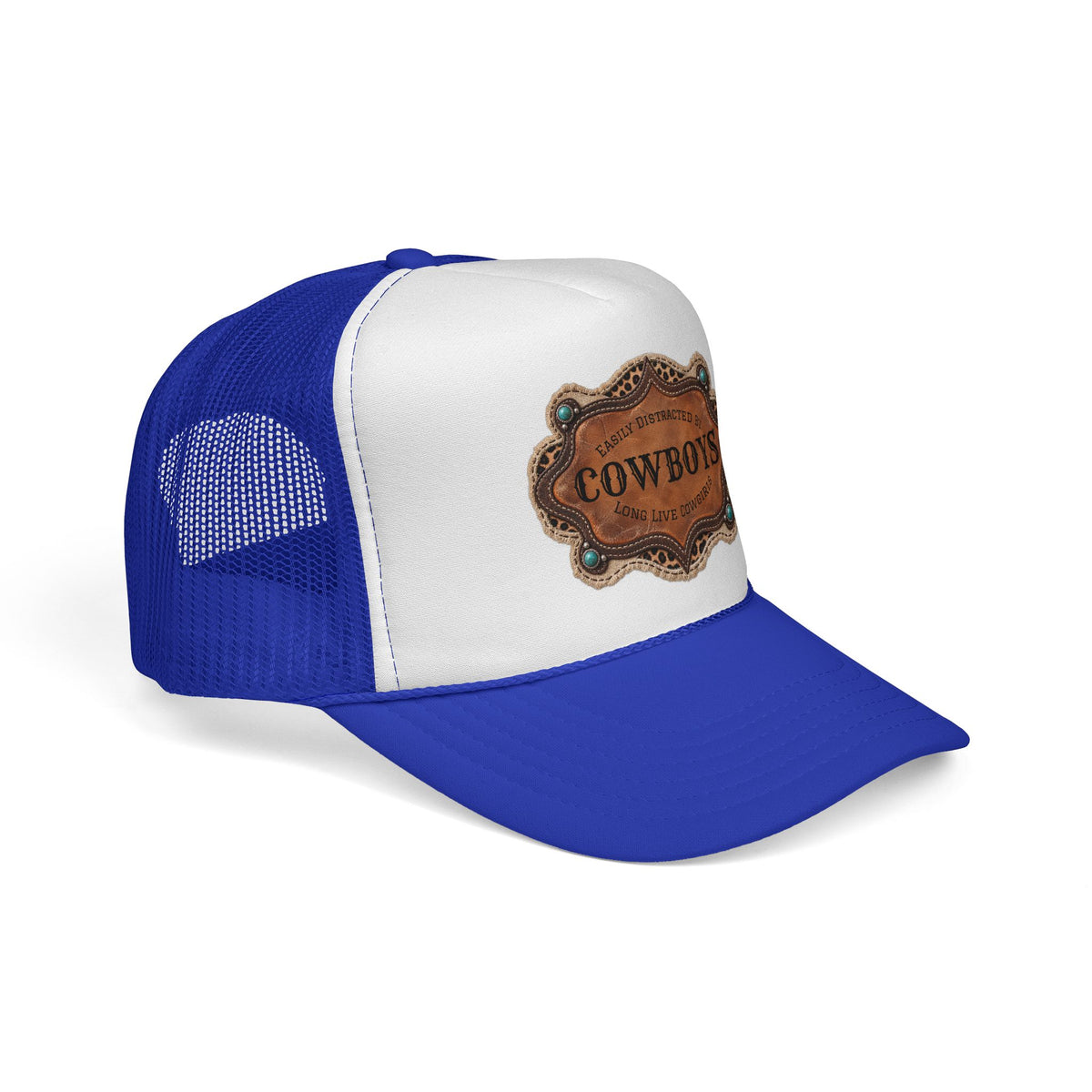Custom Trucker Hat, Personalized Cowgirl Cap, Easily Distracted by Cowboys, Turquoise Western Hat