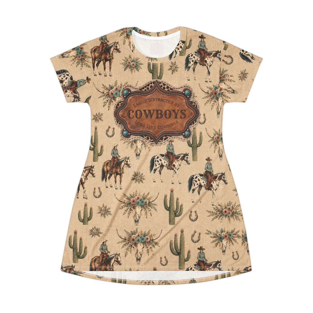 Boho Western Dress for Women, Graphic T Shirt Dress - Cowboy Print Cowboys