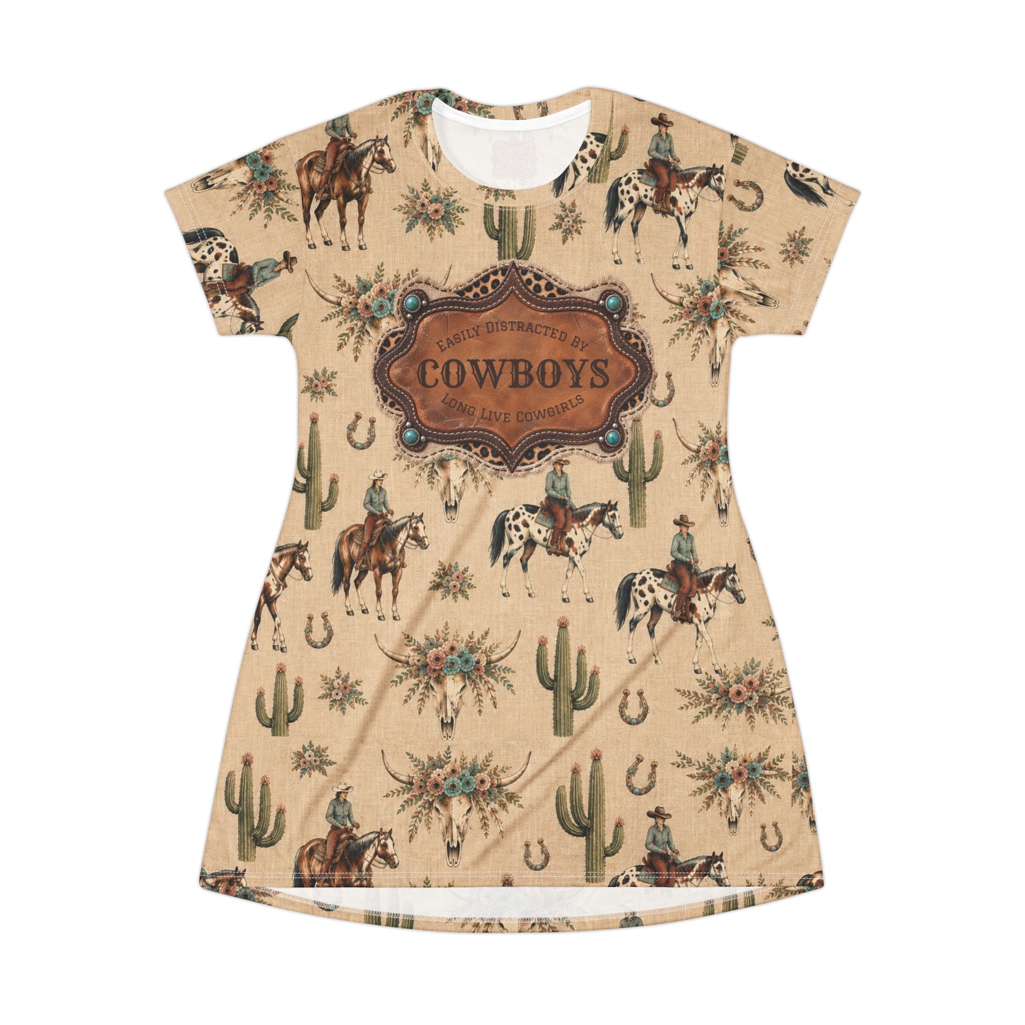 Boho Western Dress for Women, Graphic T Shirt Dress - Cowboy Print Cowboys