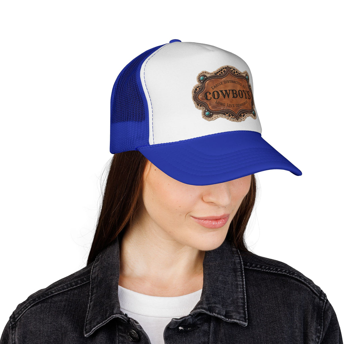 Custom Trucker Hat, Personalized Cowgirl Cap, Easily Distracted by Cowboys, Turquoise Western Hat