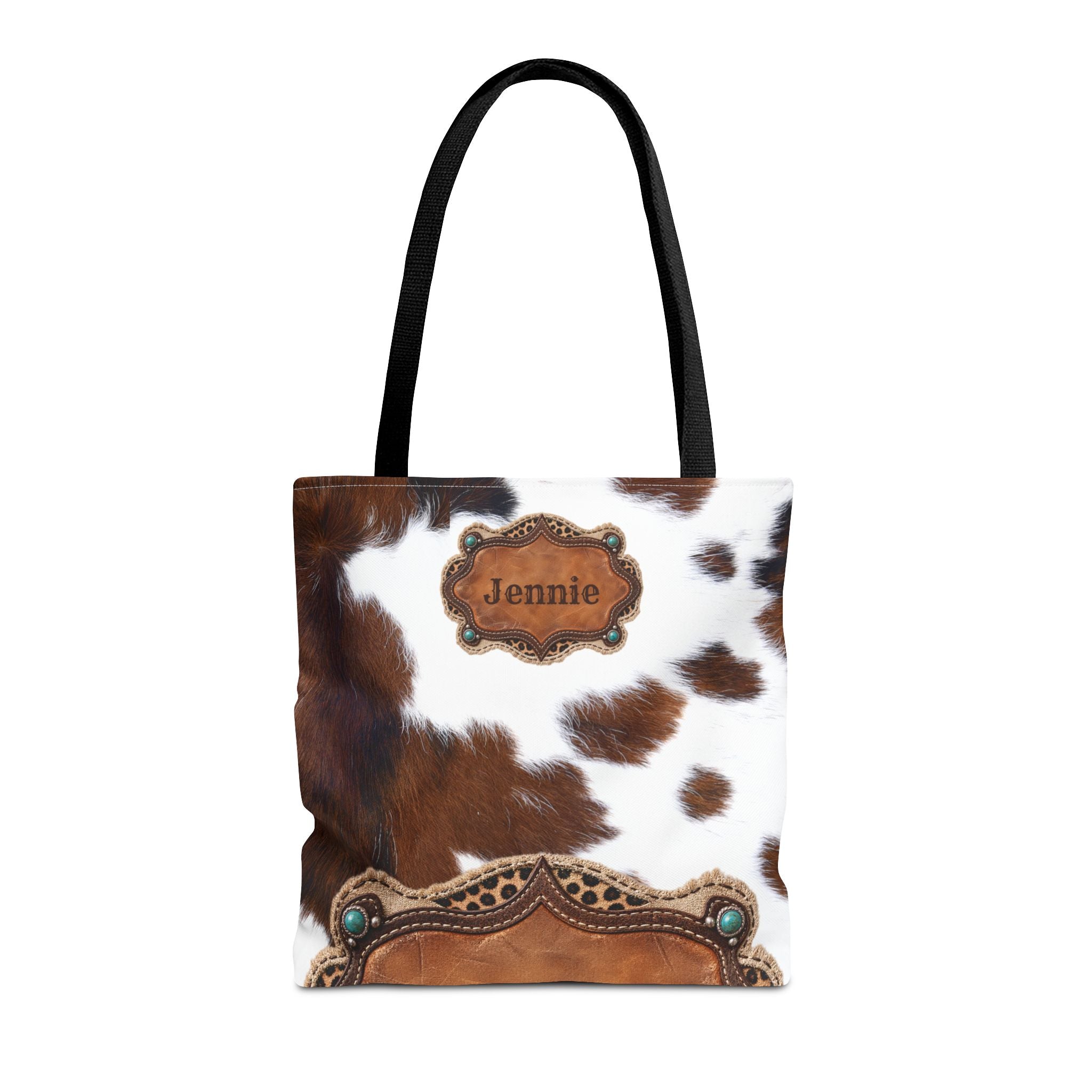 Personalized Cow Print Tote Bag, Custom Name Western Cowgirl Bag, Brown Cowhide Market Tote