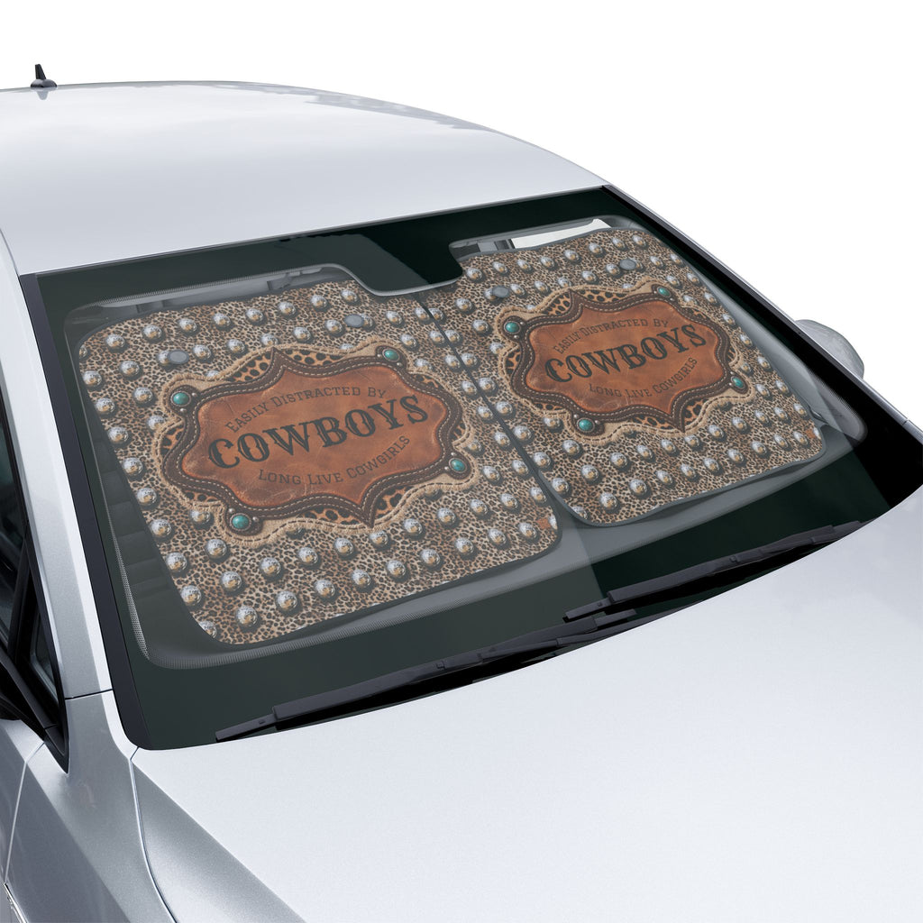 Personalized Western Car Sun Shade, Custom Easily Distracted by Cowboys Leopard Cowgirl Windshield Cover