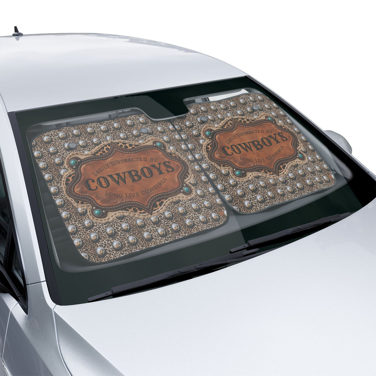 Personalized Western Car Sun Shade, Custom Easily Distracted by Cowboys Leopard Cowgirl Windshield Cover