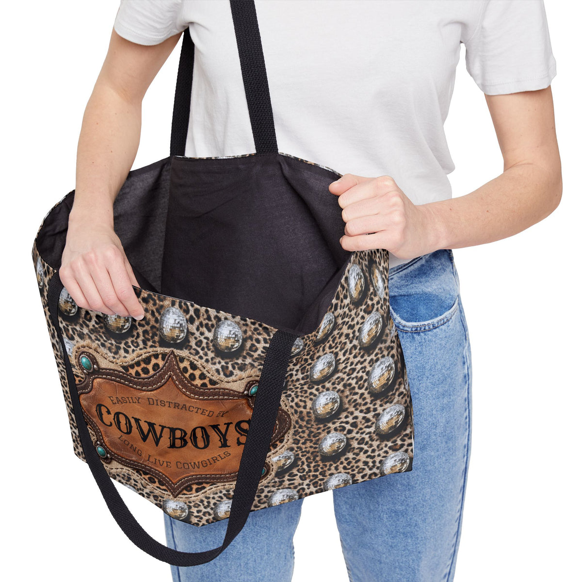 Personalized Western Weekender Bag, Custom Cowboy Name Tote, Leopard Disco Ball Travel Bag