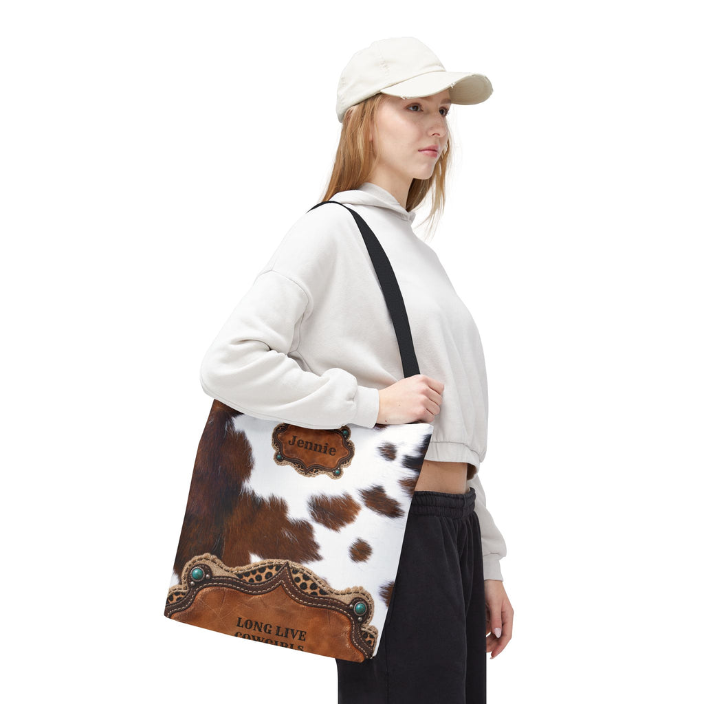 Personalized Cow Print Tote Bag, Custom Name Western Cowgirl Bag, Brown Cowhide Market Tote