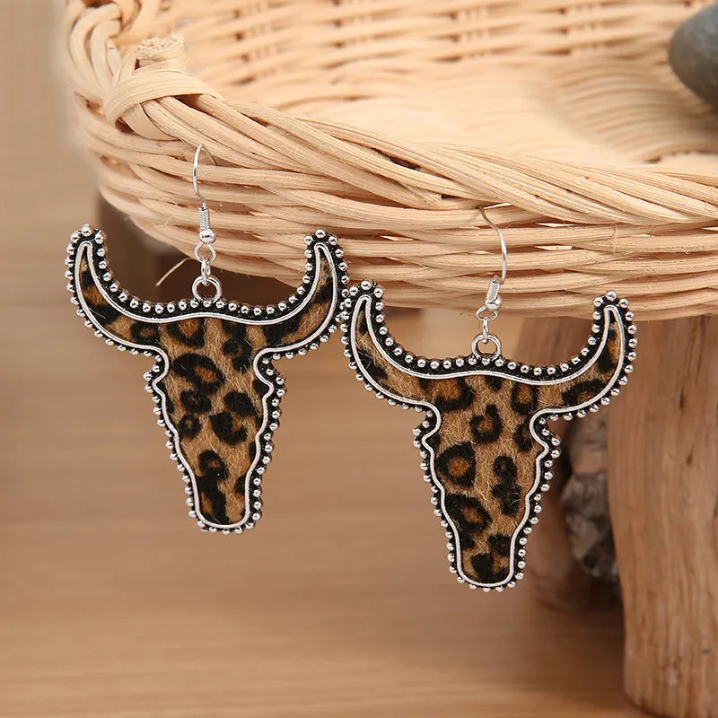 Leopard print longhorn statement earrings for western cowgirl outfits