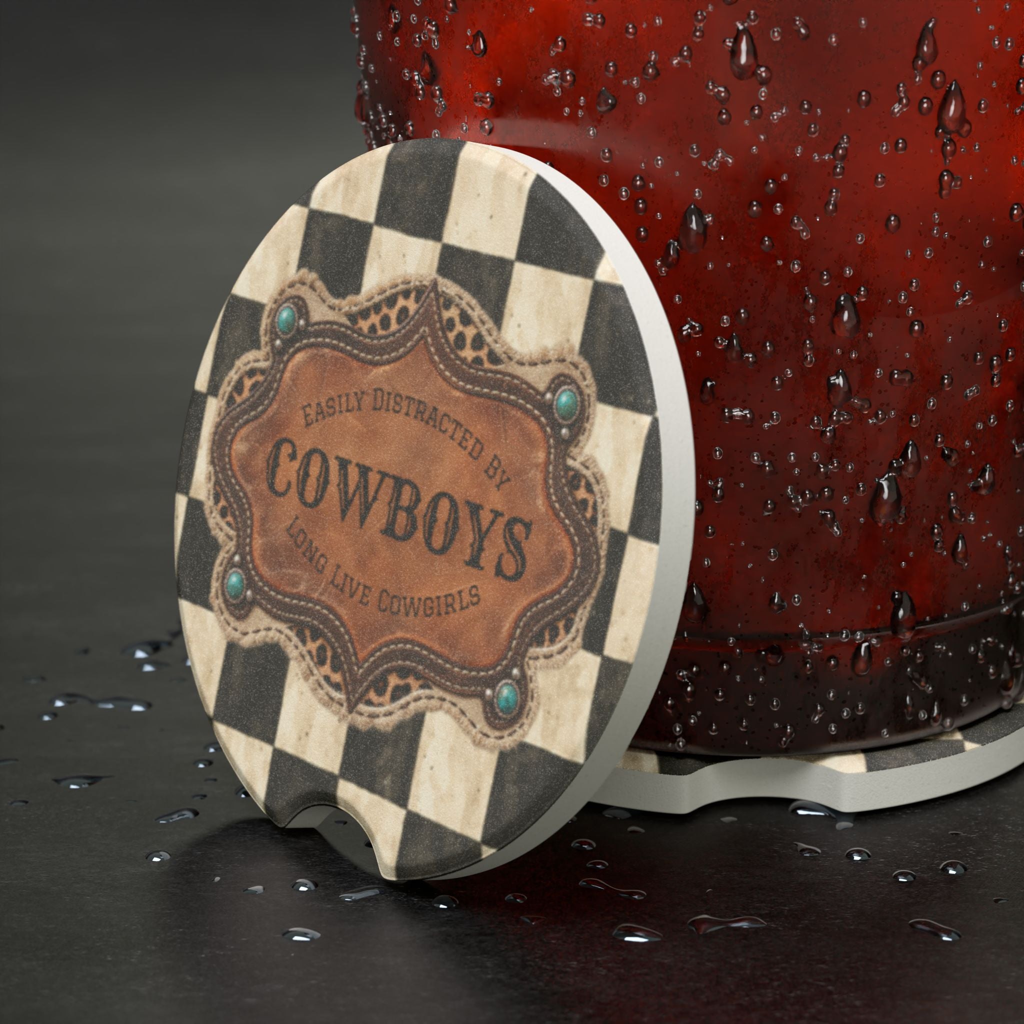 Personalized Car Coasters Set of 2, Custom Coasters, Funny Western Cowboy Checkered Car Accessories
