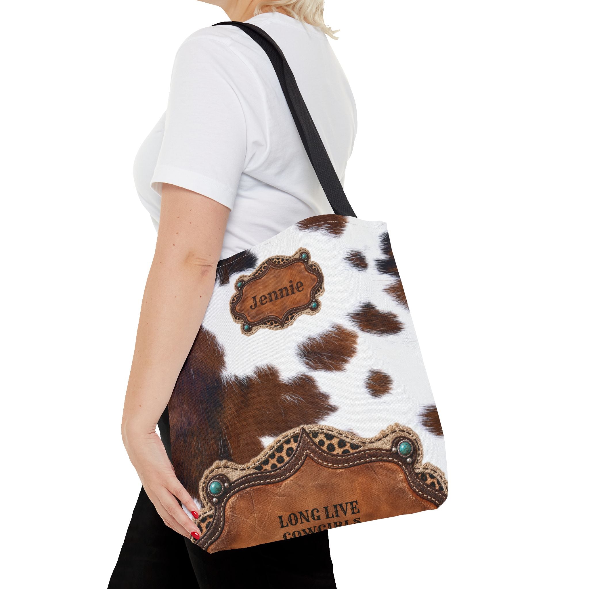 Personalized Cow Print Tote Bag, Custom Name Western Cowgirl Bag, Brown Cowhide Market Tote