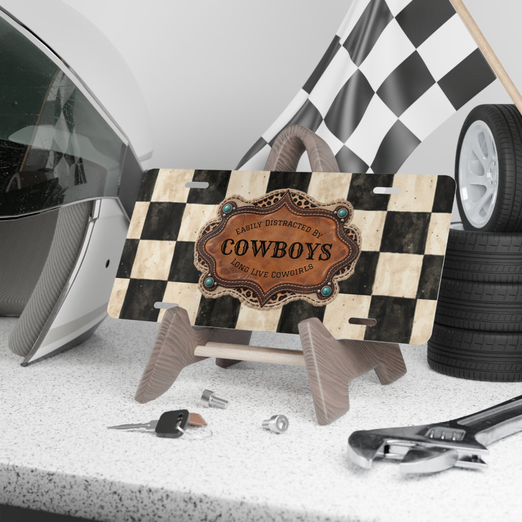 Personalized Front License Plate, Custom License Plate, Checkered Cowboy Vanity Plate, Cute Car Accessories