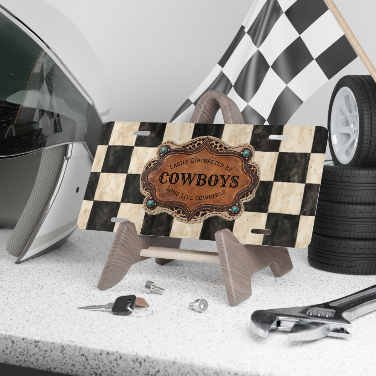 Personalized Front License Plate, Custom License Plate, Checkered Cowboy Vanity Plate, Cute Car Accessories