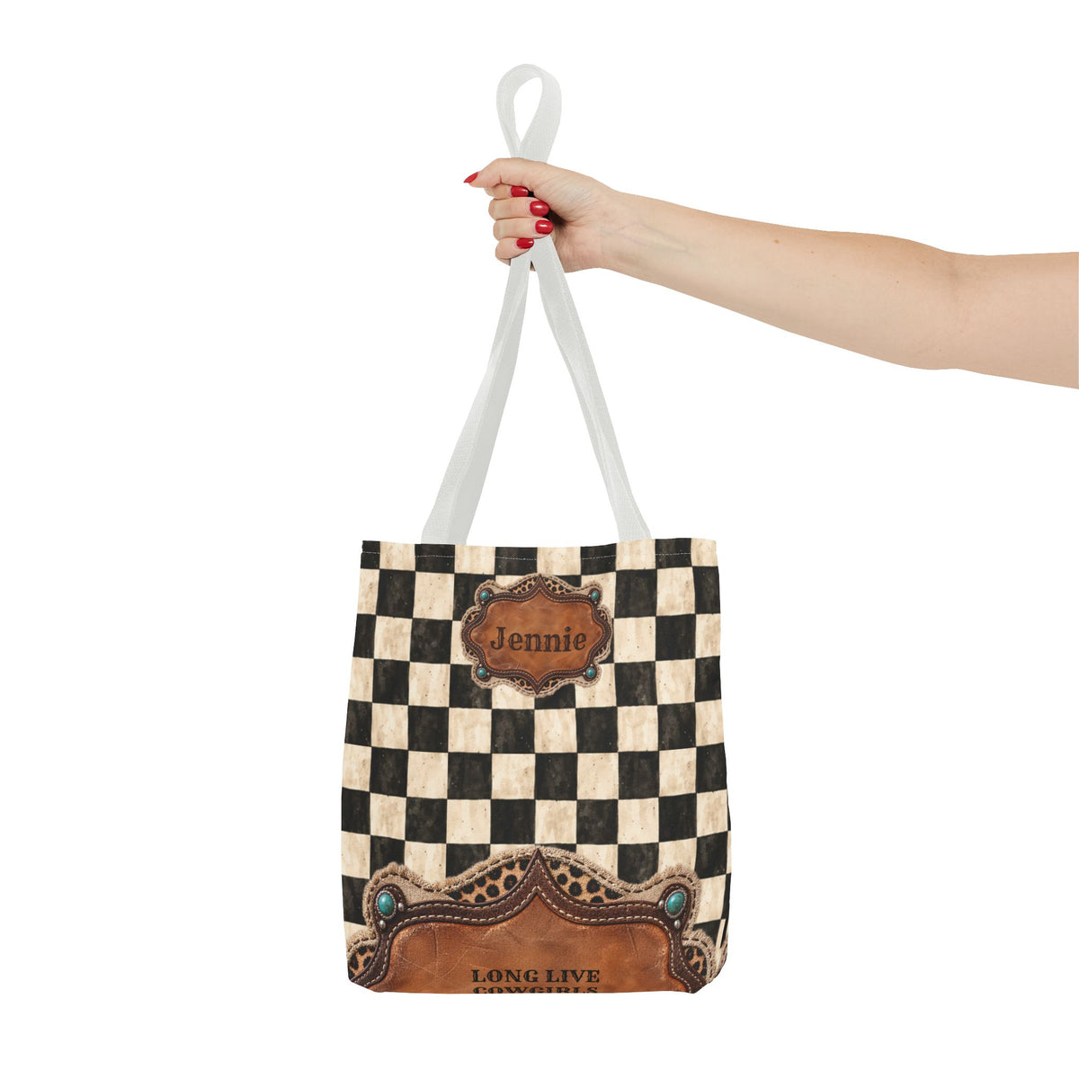 Personalized Tote Bag, Checkered Cowgirl Design, Custom Name
