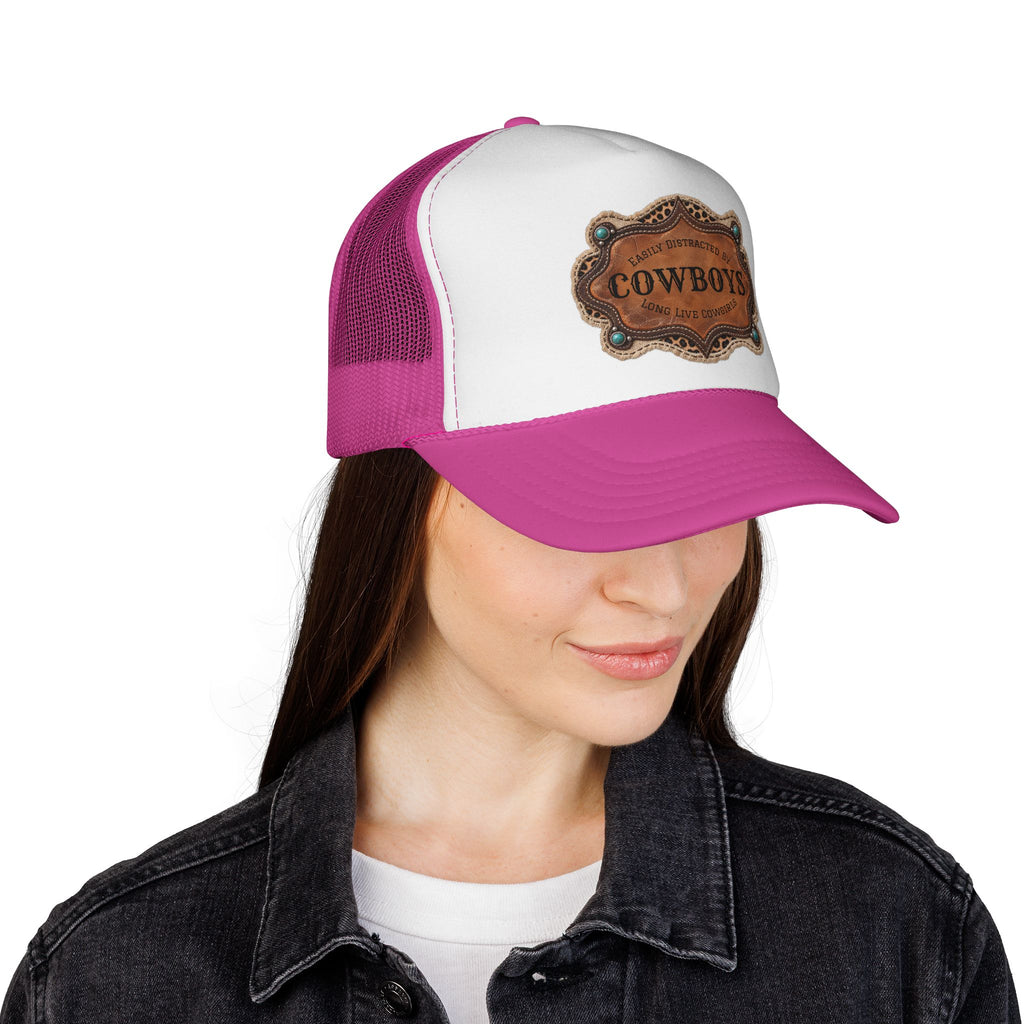 Custom Trucker Hat, Personalized Cowgirl Cap, Easily Distracted by Cowboys, Turquoise Western Hat