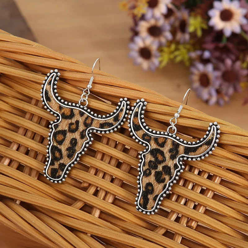 Leopard print longhorn statement earrings for western cowgirl outfits