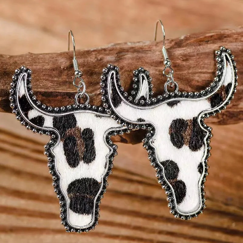 Leopard print longhorn statement earrings for western cowgirl outfits