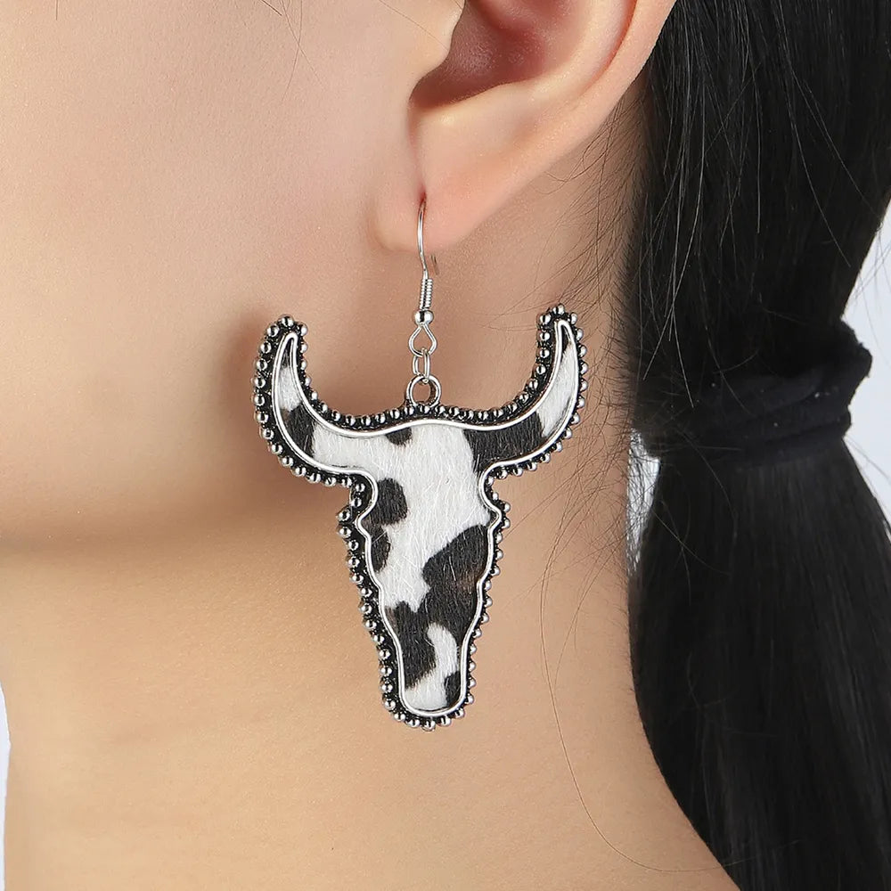 Leopard print longhorn statement earrings for western cowgirl outfits
