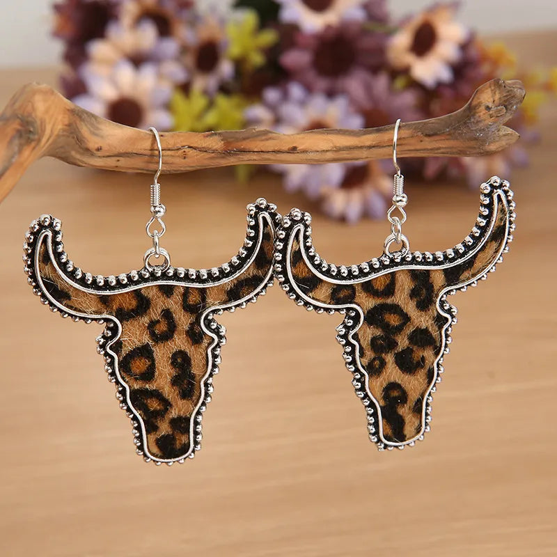 Leopard print longhorn statement earrings for western cowgirl outfits