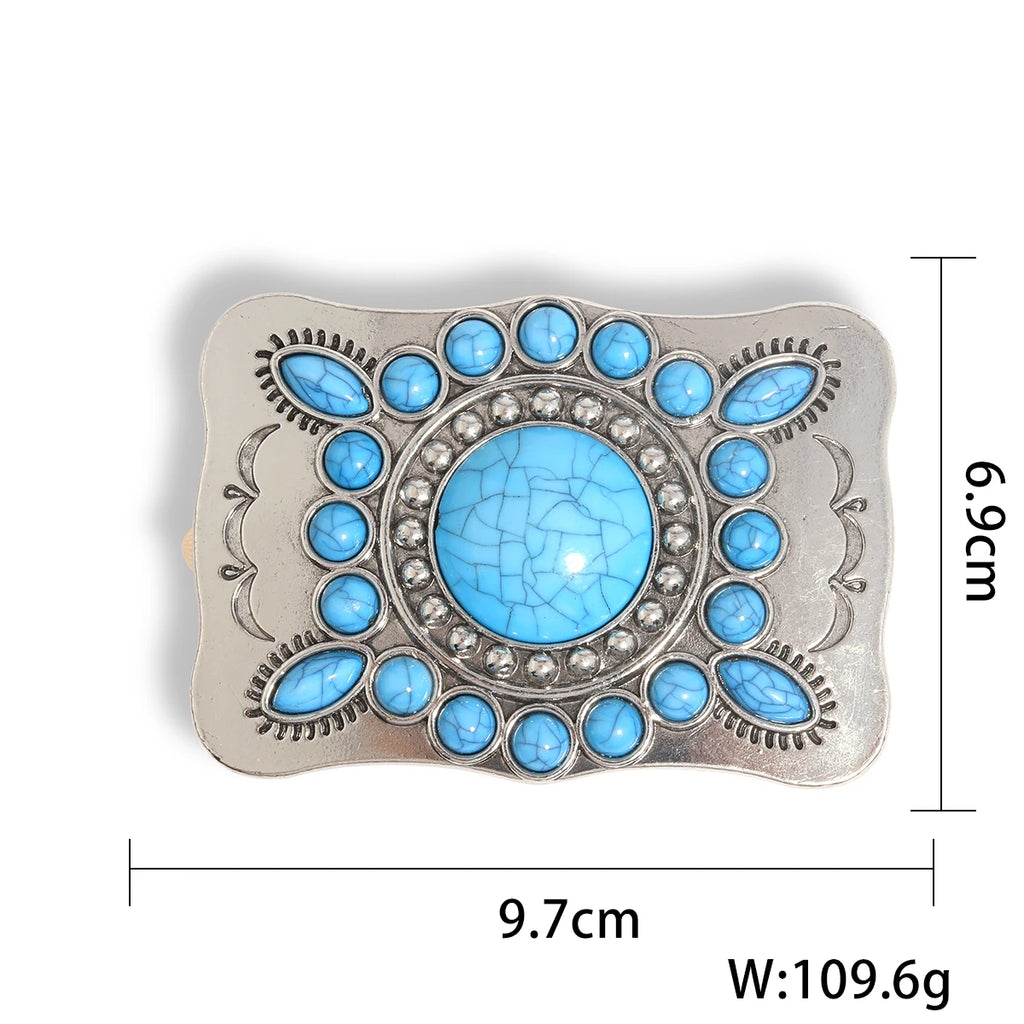 Turquoise-look western belt buckle with concho-style detail for coastal cowgirl outfits