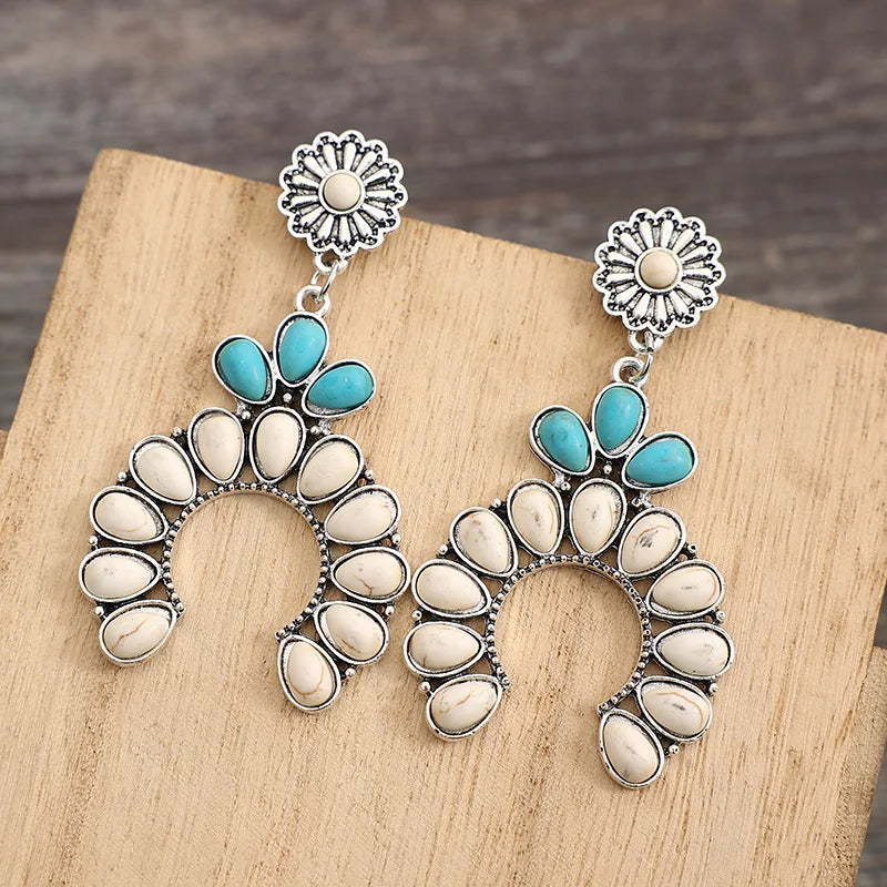 White turquoise-look stud earrings with western flower detail for cowgirl outfits