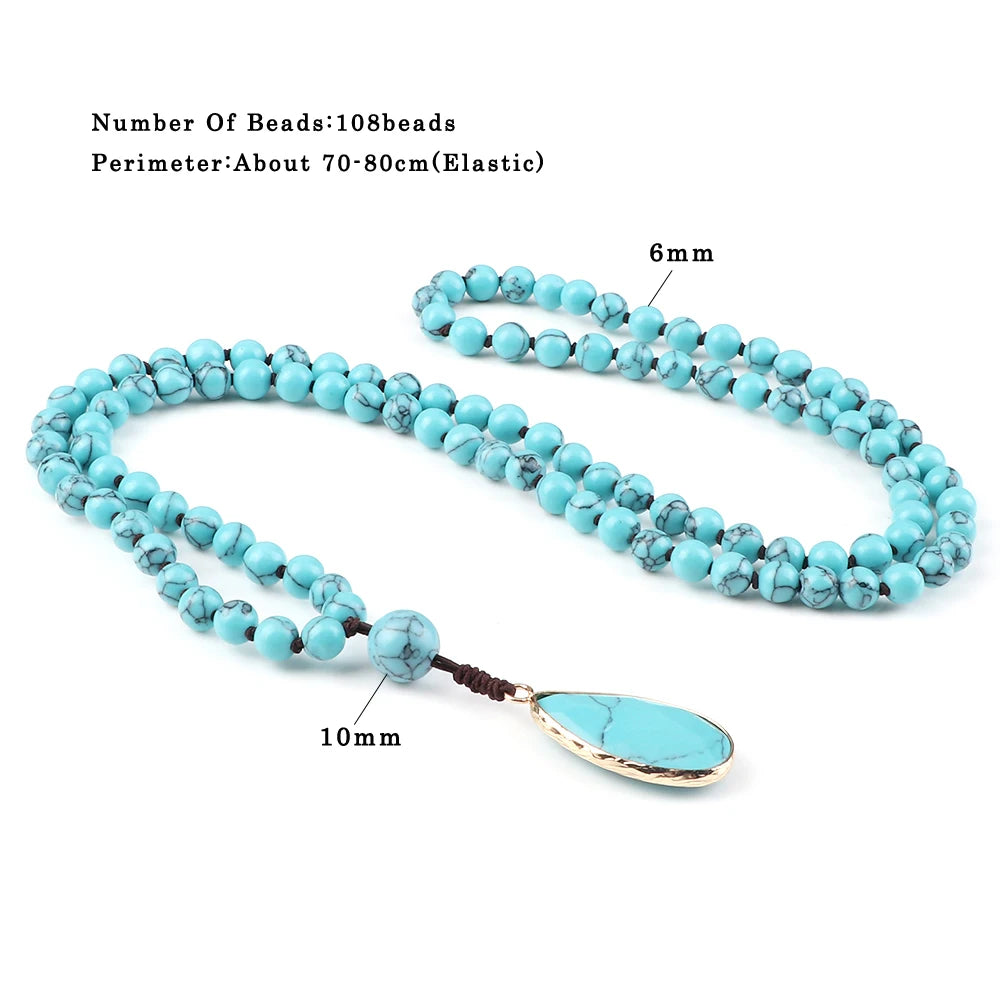 Blue bead necklace with water-drop pendant look for coastal cowgirl styling