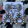White turquoise-look stud earrings with western flower detail for cowgirl outfits