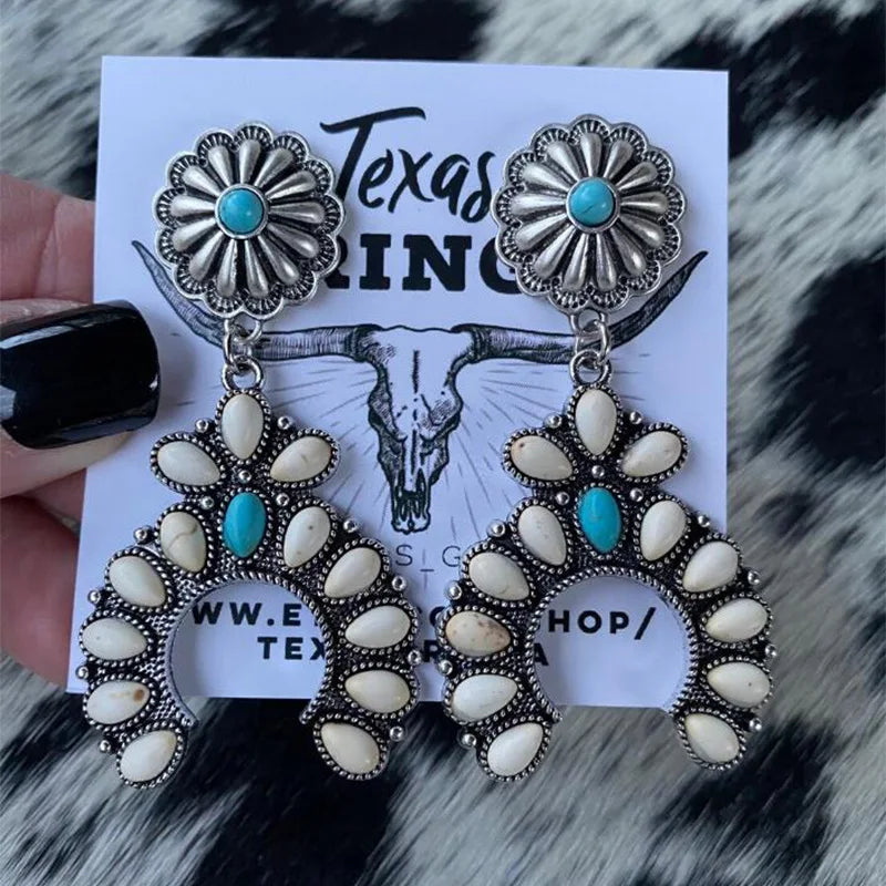 White turquoise-look stud earrings with western flower detail for cowgirl outfits