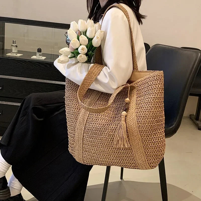 Straw woven tote bag for coastal cowgirl beach vacation outfits