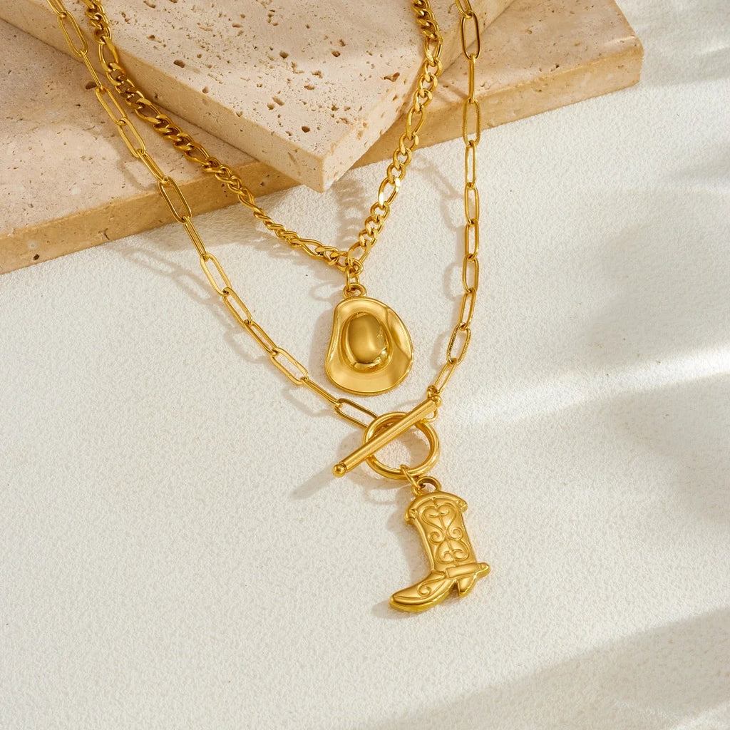 Golden Rodeo Hat & Boot Layered Necklace