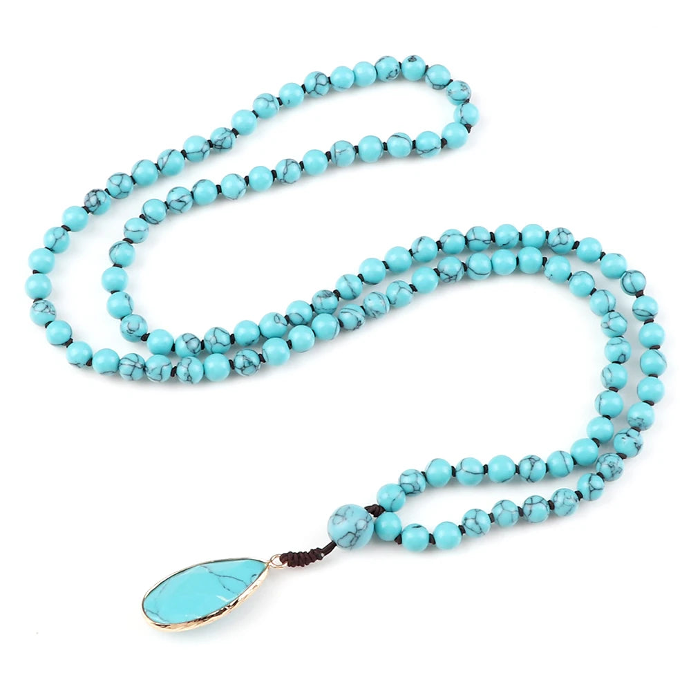 Blue bead necklace with water-drop pendant look for coastal cowgirl styling