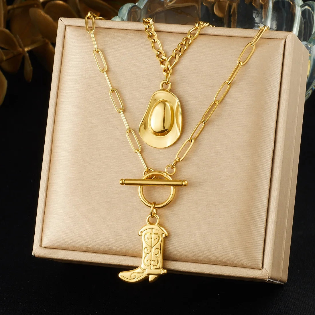 Golden Rodeo Hat & Boot Layered Necklace