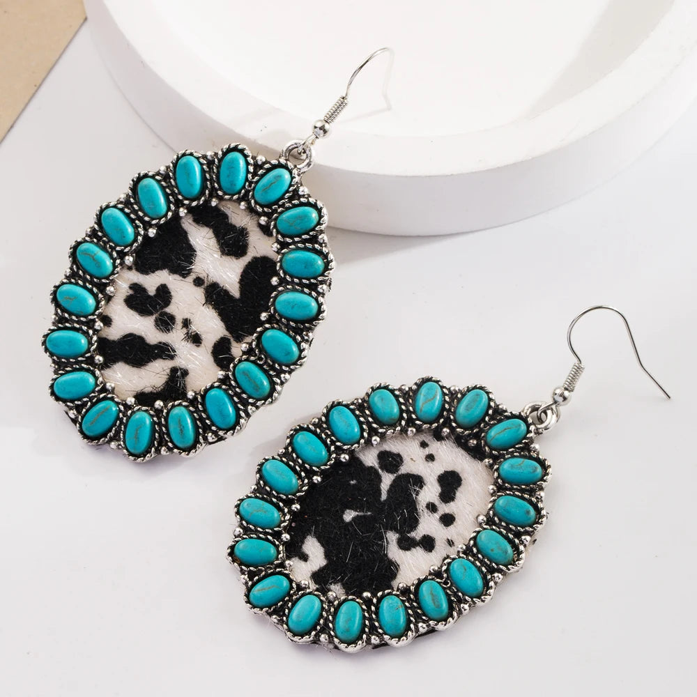 Turquoise-look leather-look drop earrings for western coastal cowgirl outfits