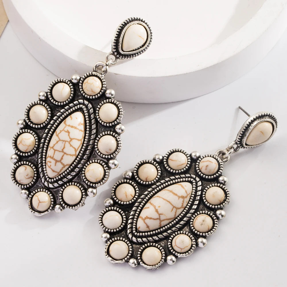 Turquoise-look leather-look drop earrings for western coastal cowgirl outfits